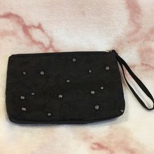 Black Sateen Seed Beaded Handbag Wristbag, zipper strap Vintage Resale wristlet